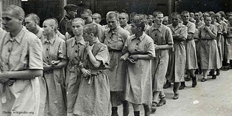 Jewish women selected for work at Auschwitz II-Birkenau