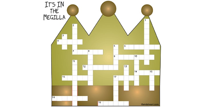 A gold Purim crossword puzzle against a white background.