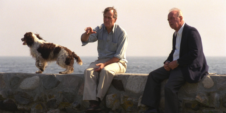 President Bush, PM Rabin, and Bush's dog Millie display friendship in 1992