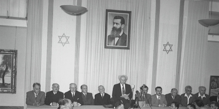 David Ben-Gurion reads Israel's Declaration of Independence, 1948.