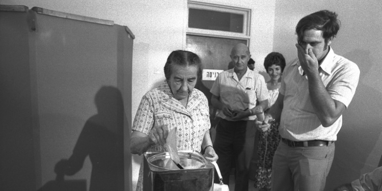 Golda Meir voting in Jerusalem, 1973