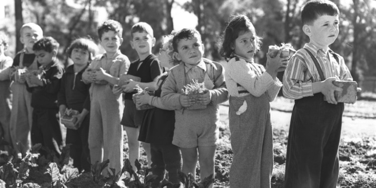 Israeli children plant trees on Tu B'Shvat, 1952