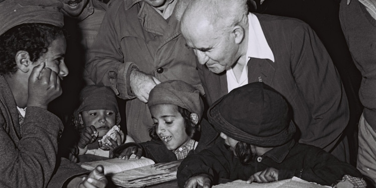David Ben-Gurion with immigrant schoolchildren in Israel, 1950