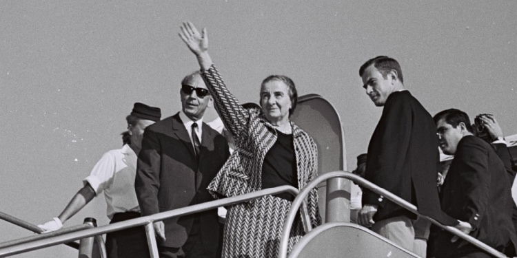 Golda Meir, born in Ukraine, boards plane in Israel