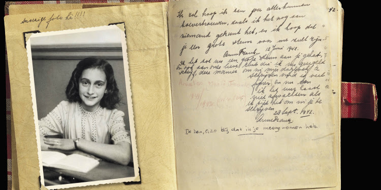 Digitized image of a picture of Anne Frank alongside handwriting in an old journal.