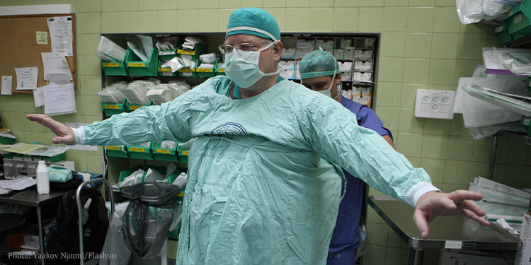 A surgeon in an operating theatre inside the Bikur Cholim hospital in central Jerusalem,