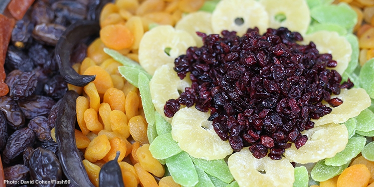 Close up image of dried fruit in a circular platter.