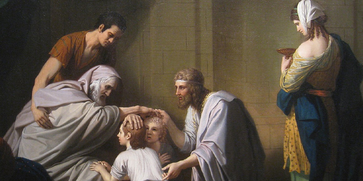 Painting of a man blessing two children.
