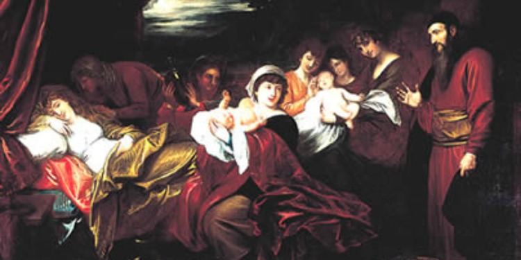 Painting of a woman giving birth to a small boy.