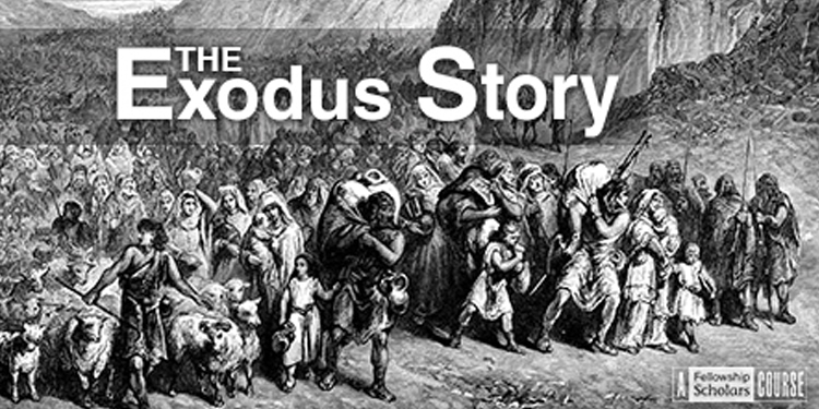 Black and white drawing of several people walking in Biblical times.