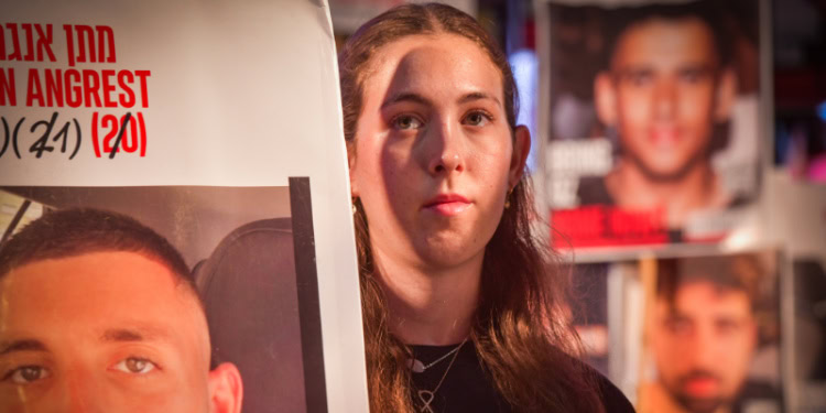 Former hostage Naama Levy attends a rally calling for the release of Israelis held hostage by Hamas in Gaza, at “Hostage Square” in Tel Aviv, July 19, 2025.