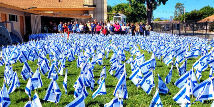 A large outdoor memorial event with numerous Israeli flags planted in the ground, commemorating victims and promoting unity.