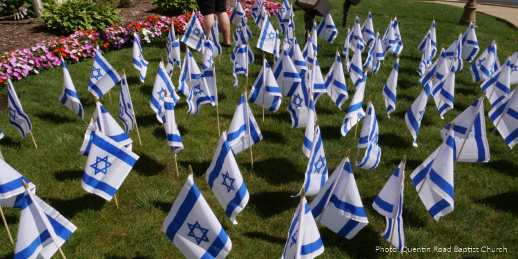 Numerous Israeli flags displayed on a grassy area during a public gathering, symbolizing national pride and solidarity.