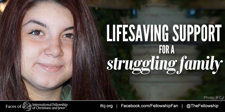 Sasha, a young woman with auburn hair who's an IFCJ recipient featured in an IFCJ promotion with the text: Lifesaving support for a struggling family.