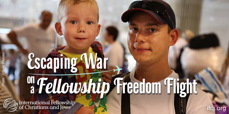 A promotional ad for IFCJ featuring Igor and his brother with the text: Escaping War on a Fellowship Freedom Flight.