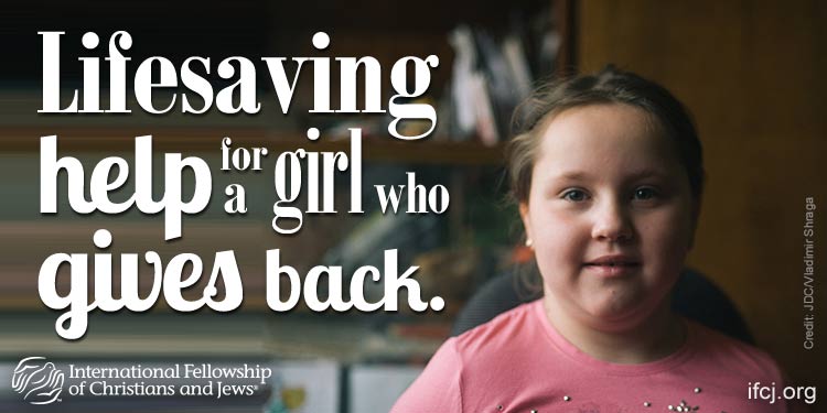 Margarita, a young IFCJ recipient featured in a promotion with the text: Lifesaving help for a girl who gives back.