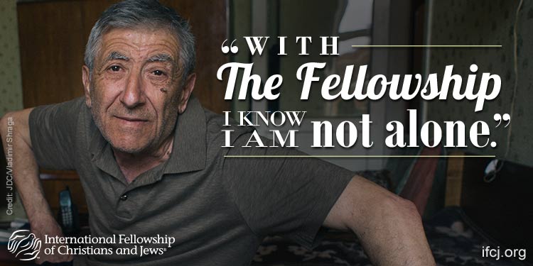 IFCJ promotion featuring Yuriy, an elderly Jewish man who's an IFCJ recipient with the text: With the Fellowship, I know I am not alone.