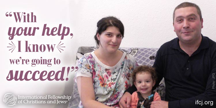 An IFCJ promotion featuring a family of three sitting on a couch with text that reads: With your help, I know we're going to succeed!