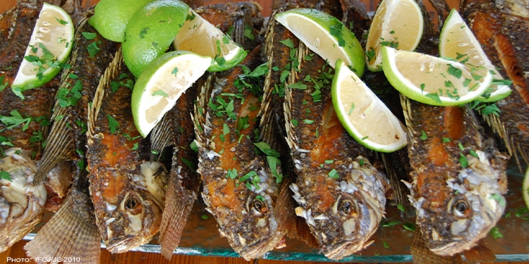 Five cooked fish with limes on top.