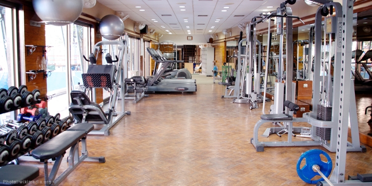A gym equipped with cable machines, cardio equipment, leg press, and dumbbells.