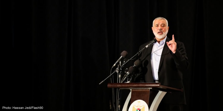 Senior Hamas leader Ismail Haniyeh speaks during a memorial service for three Hamas militants killed in an bombing in Gaza City on September 2, 2019.
