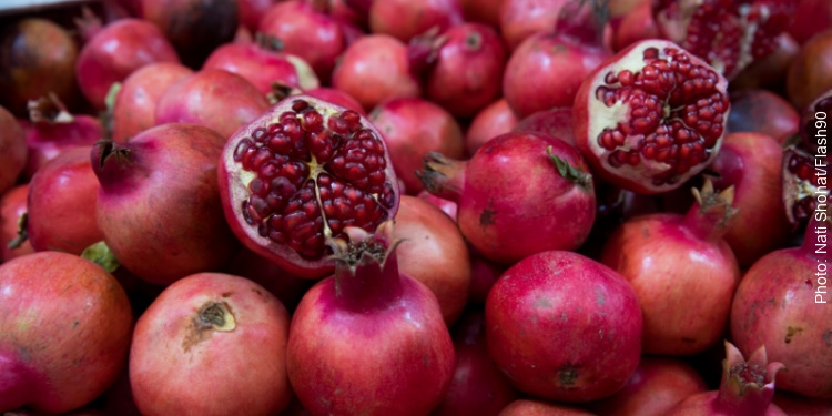 Close up of pomegranates on sale at Mahane Yehuda Market in Jerusalem.