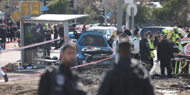 Scene of car-ramming attack on February 10, 2023, that left two young Israelis dead
