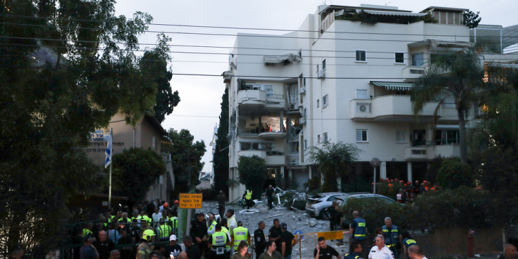 Apartment building in Rehovot, Israel, where elderly woman was killed by rocket attack, May 2023