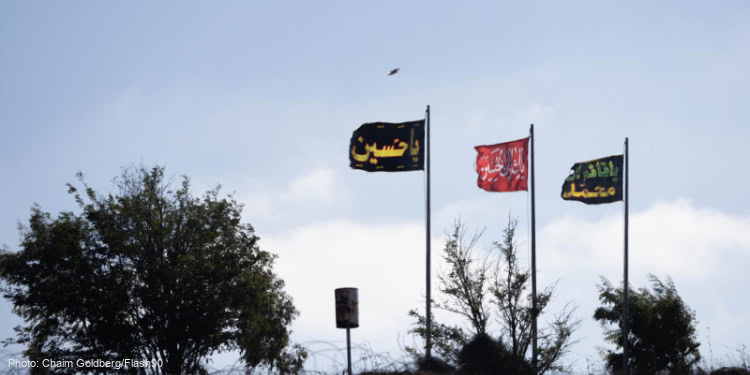 View of flags that were placed by Hezbollah in front of an IDF post on the border on the Border between Israel and Lebanon, northern Israel, August 10, 2023. Photo by Chaim Goldberg/Flash90