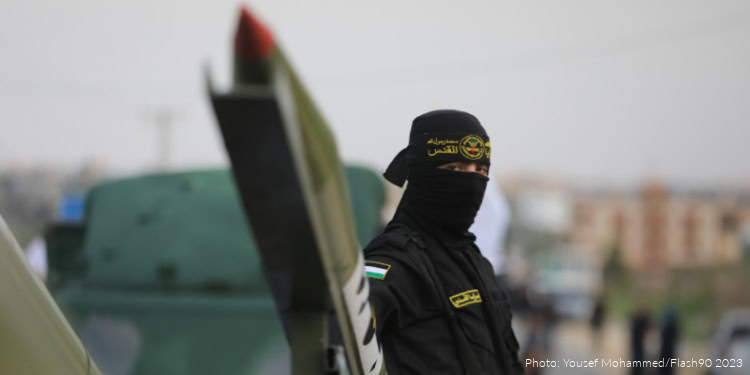 Members of the Al-Quds Brigades, the military wing of the Islamic Jihad movement in Palestine, organize a large military parade and display of new missiles, on the 36th anniversary of the launch, in Gaza City, on October 4, 2023. Photo by Yousef Mohammed/Flash90