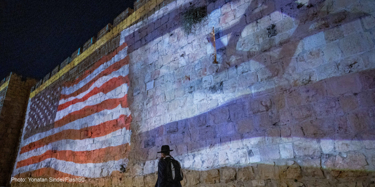 Israeli flag, US flag, Old City, Jerusalem