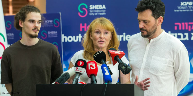 Family members of released hostage Andrey Kozlov speak to the media at the Sheba Medical Center in Ramat Gan, June 9, 2024.