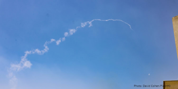 An anti-missile system fires interception missiles as rockets fired from Lebanon as it seen from the northern Israeli city of Tzfat, northern Israel, on June 13, 2024.