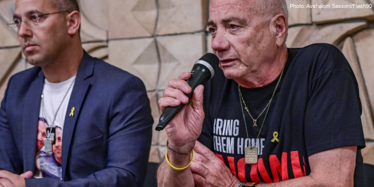 Released hostage Louis Har speaks during a press conference in Tel Aviv on June 26, 2024.