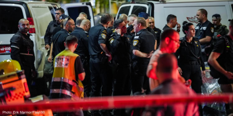 Israeli security and rescue personnel at the scene of a drone explosion in Tel Aviv on July 19, 2024.