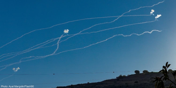 An Israeli anti missile system intercept rockets fired from Lebanon, above the Naftali Mountains, northern Israel, August 23, 2024. Photo by Ayal Margolin/Flash90