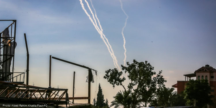 Smoke trails are seen in the sky after rocket fire from the eastern Gaza Strip to Israel, on September 26, 2024.
