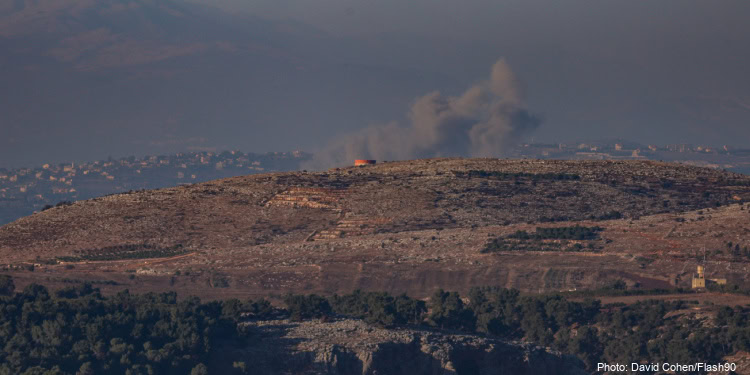 Israeli air strike in southern Lebanon, as it seen from the Israeli side of the border, October 8, 2024.