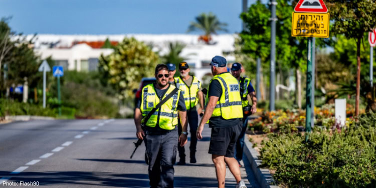 Israeli security forces at the scene where a drone fired from Lebanon caused damage in Caesarea, October 19, 2024.