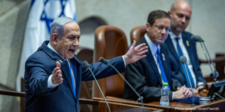 Israeli Prime Minister Benjamin Netanyahu speaks during a plenary session of the opening day of the winter session at the Knesset, the Israeli parliament in Jerusalem, on October 28, 2024.