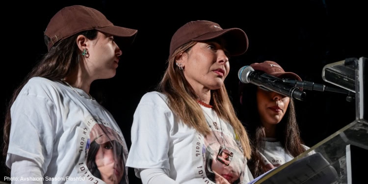 Shira Albag, mother of hostage Liri Albag speaks during a rally.