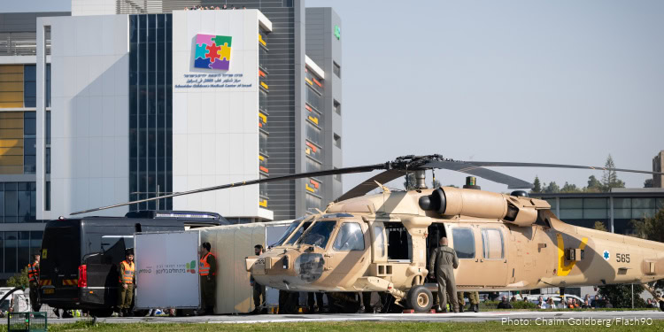 A military helicopter with released hostage Agam Berger arrives at the Rabin Medical Center in Petah Tikva, January 30, 2025.