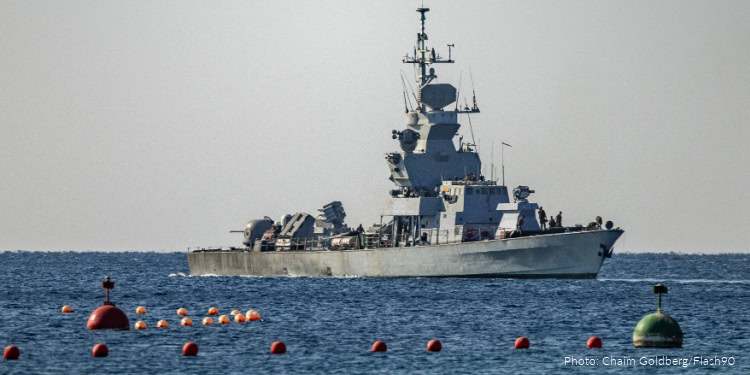 An Israeli Sa'ar 6-class corvette war ship with an Iron Dome Missile Battery patrol off the shore of the southern Israeli city of Eilat, on February 11, 2025