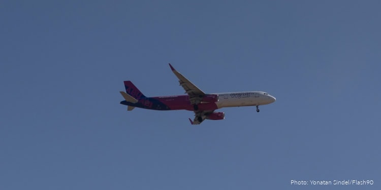 A Wizz Air plane preparing to land at the Ben Gurion International Airport, outside of Tel Aviv, May 24, 2025
