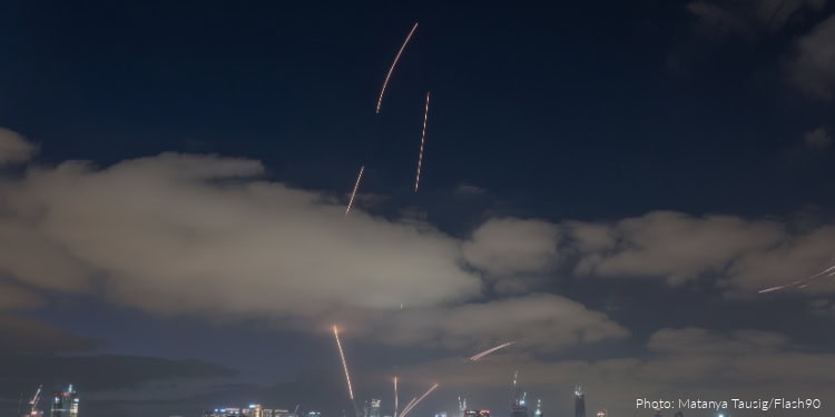 Anti-missile system fires over the skies of Tel Aviv, as Iran fires ballistic missiles at Israel. on June 15 2025.