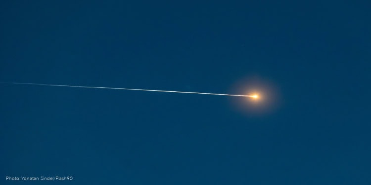 An Israeli air defense system launches interceptor missiles toward an incoming missile fired from Yemen, as it seen from Jerusalem, July 10, 2025.