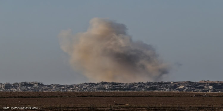 Smoke rises from destroyed buildings in the northern Gaza Strip, as seen from the Israeli side of the border, September 10, 2025