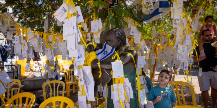 isitors at Hostage Square a day after all living hostages were released from Hamas captivity back home to Israel. October 14, 2025.