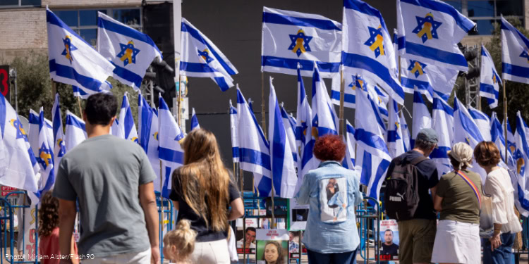 Visitors at Hostage Square a day after all living hostages were released from Hamas captivity back home to Israel. October 14, 2025.