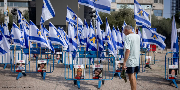 Photographs of Israelis who's bodies are held or have recently been released from Hamas captivity in Gaza, seen at Hostage Square in Tel Aviv. November 03, 2025